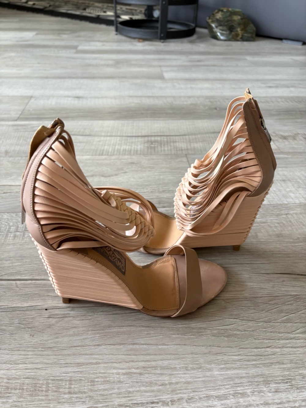 Salvatore Ferragamo Nude Strappy Wedge Sandals